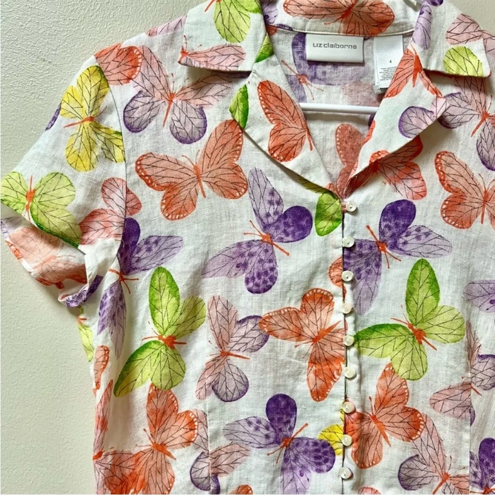 Liz Claiborne Vintage Butterfly Print Button-Up Linen Peplum Blouse - Size 4 - Picture 2 of 4